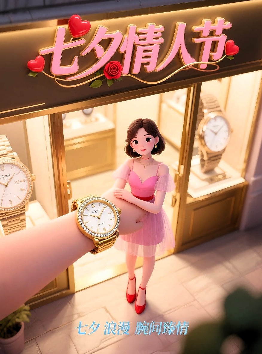 七夕情人节腕表店插画风格宣传海报