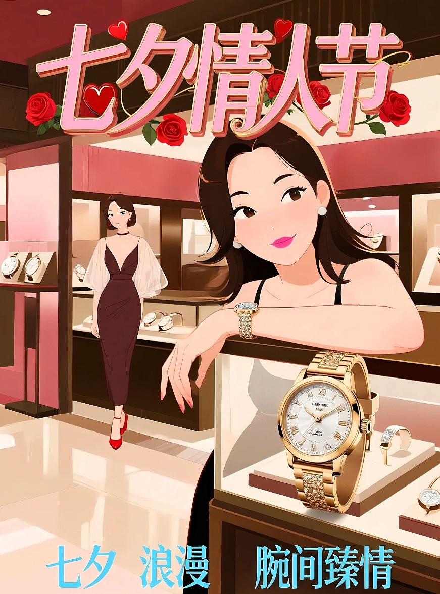 七夕情人节腕表店插画风格宣传海报