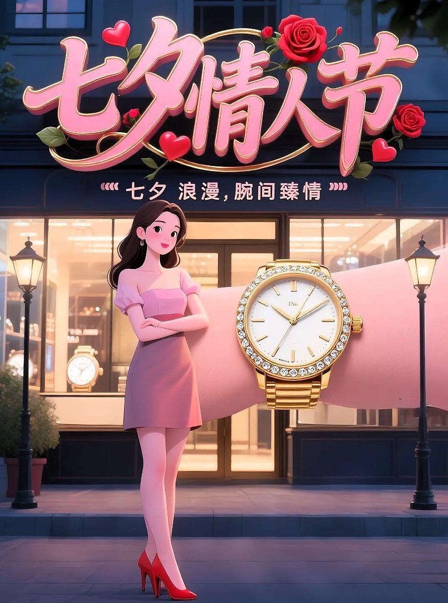 七夕情人界腕表店插画风格宣传海报