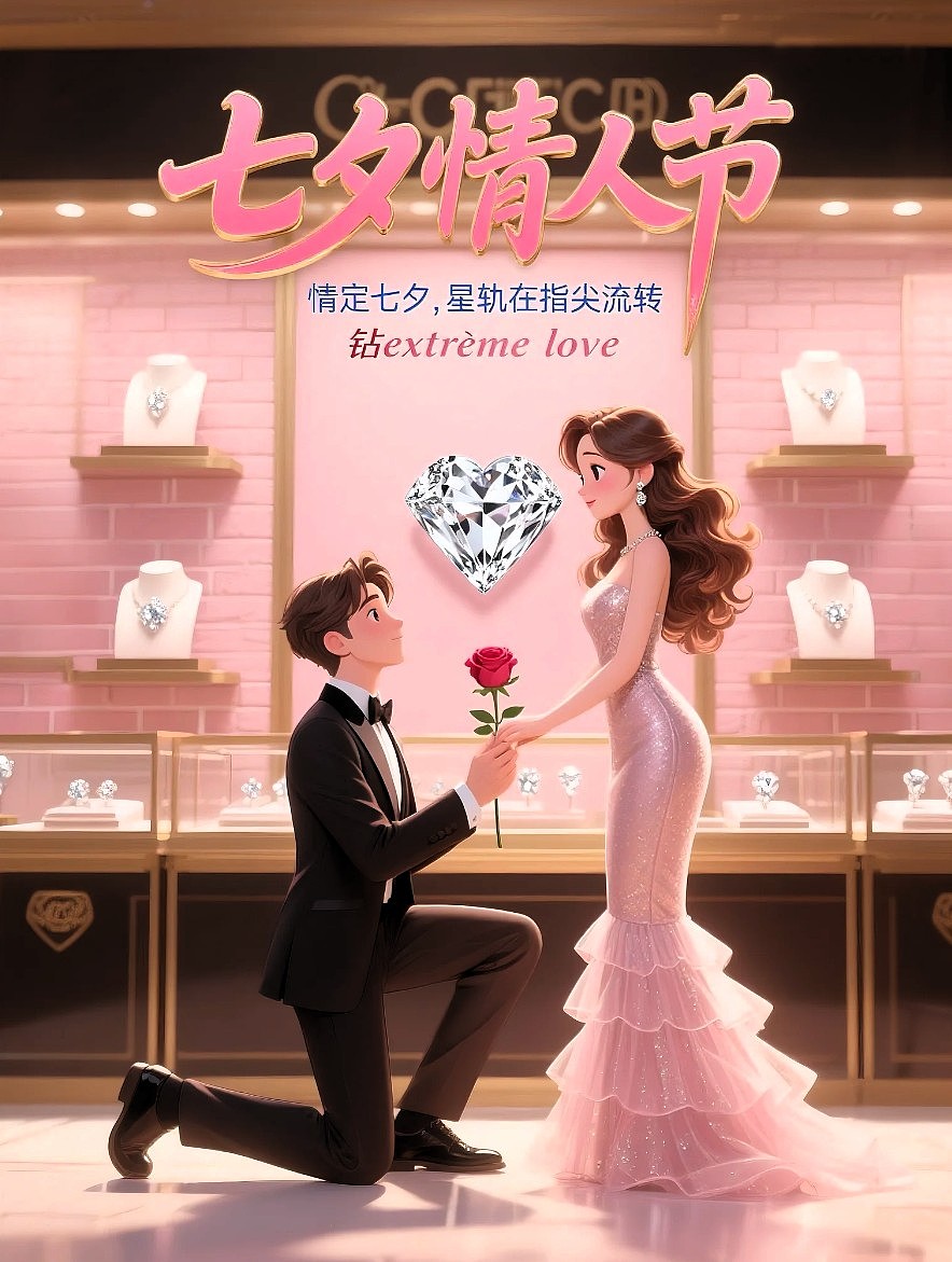 七夕情人节钻石店插画人物风格