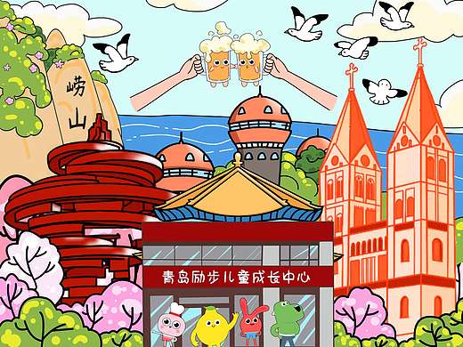 以青岛为特色，绘画的插画