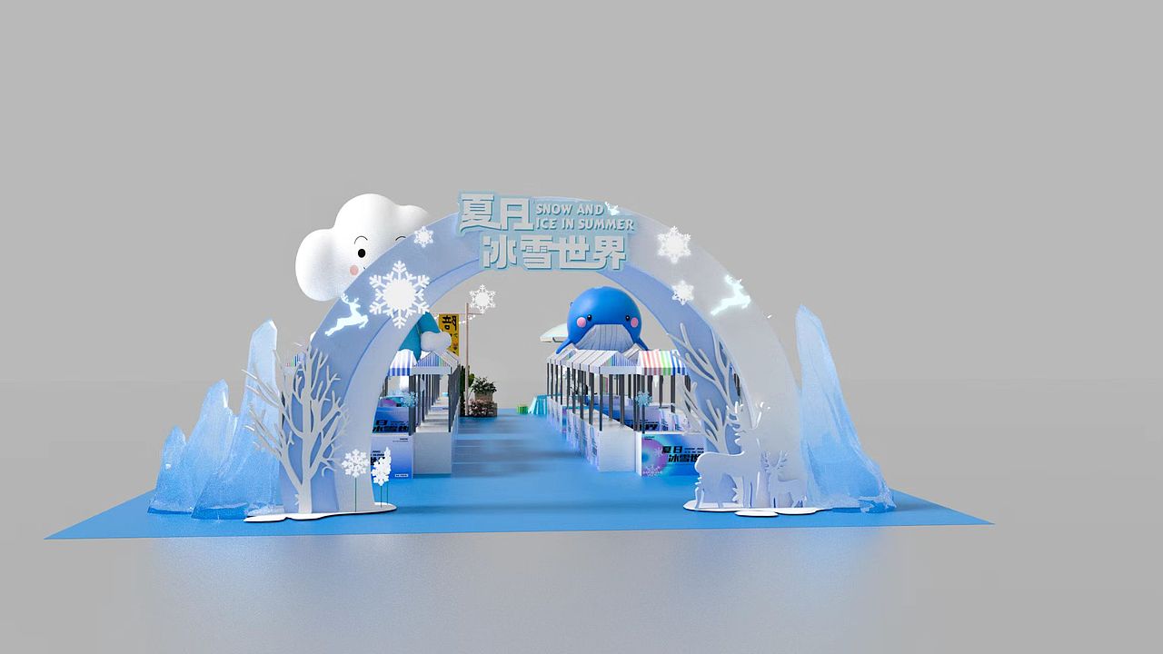 夏日冰雪世界网红市集摊位美陈设计成套效果图素材分享