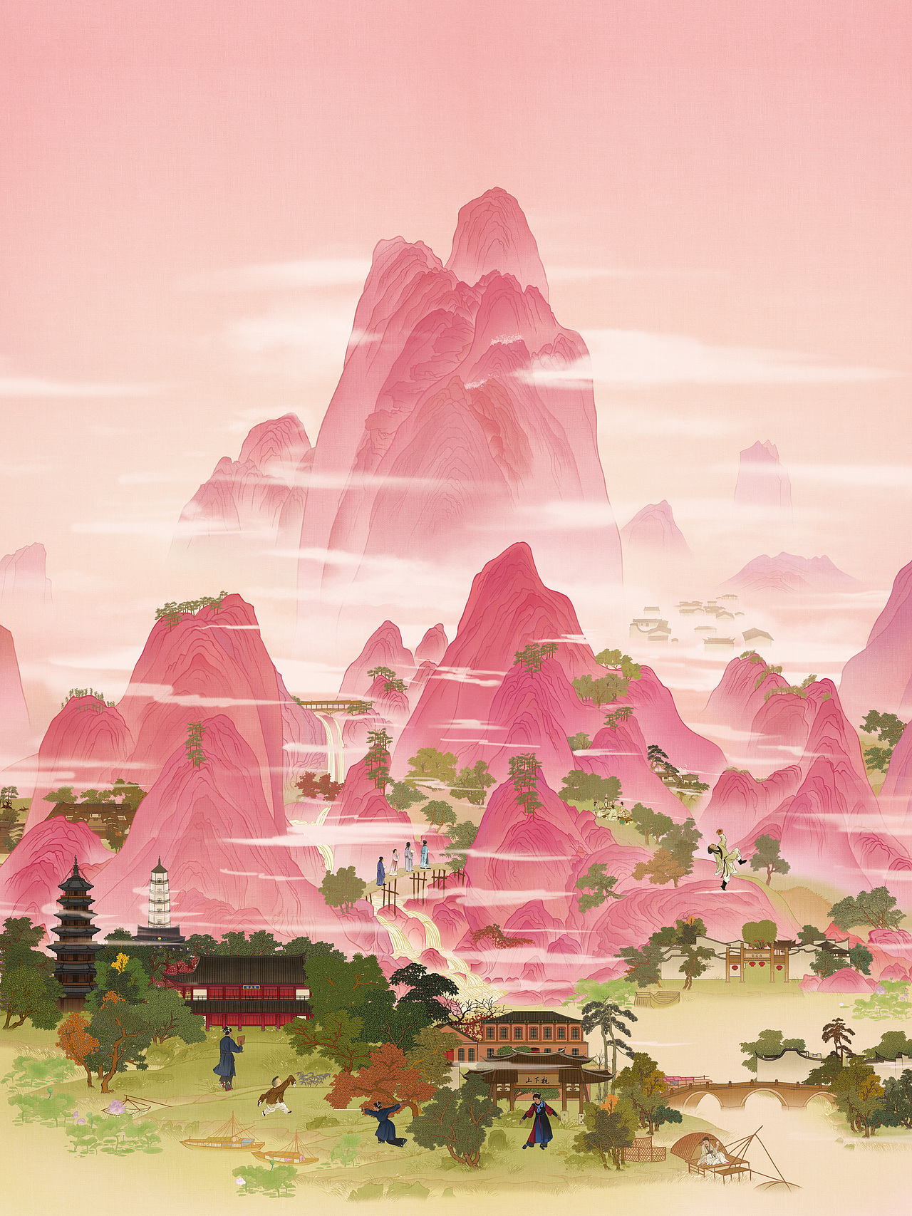 千里江山只此福州丨粉色調(diào)國(guó)風(fēng)插畫（圖ZMzk1ODYyNTgw） - 商業(yè)插畫 - 站酷設(shè)計(jì)師君竹ho原創(chuàng)素材 - 站酷ZCOOL