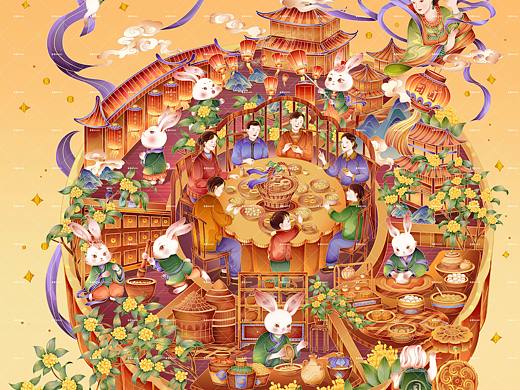 月满中秋节海报原创插画丨包装插画文创各领域丨可授权