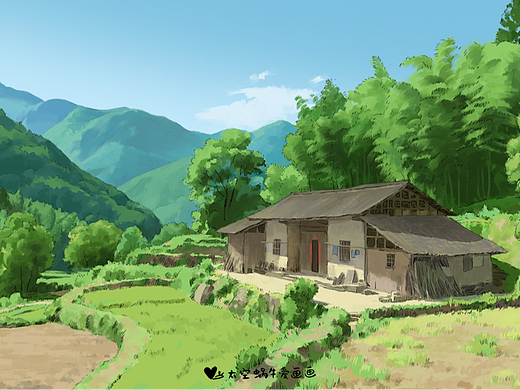 中国乡村场景插画