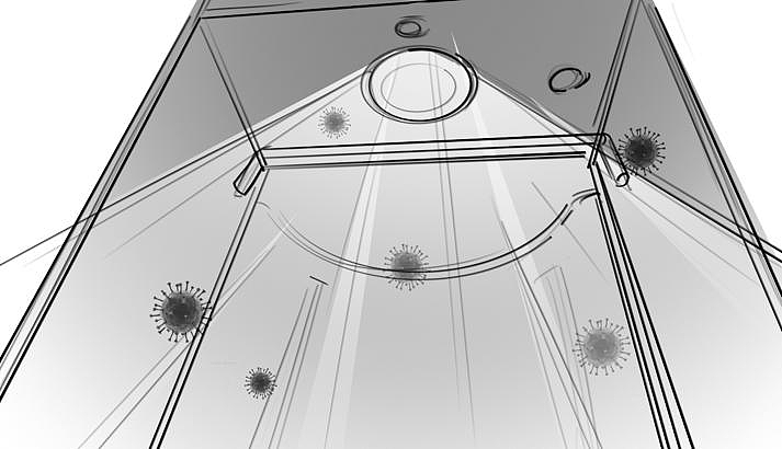 镜头切到紫外线装置,紫外线光照亮整个腔体,
细菌图标渐渐淡出