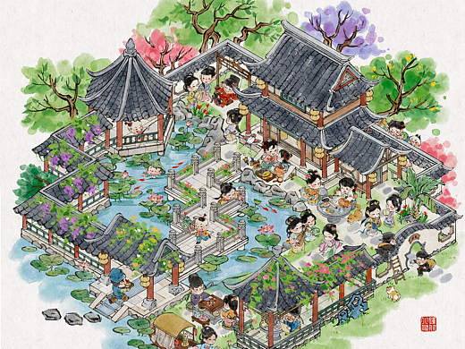 水墨园林插画造景