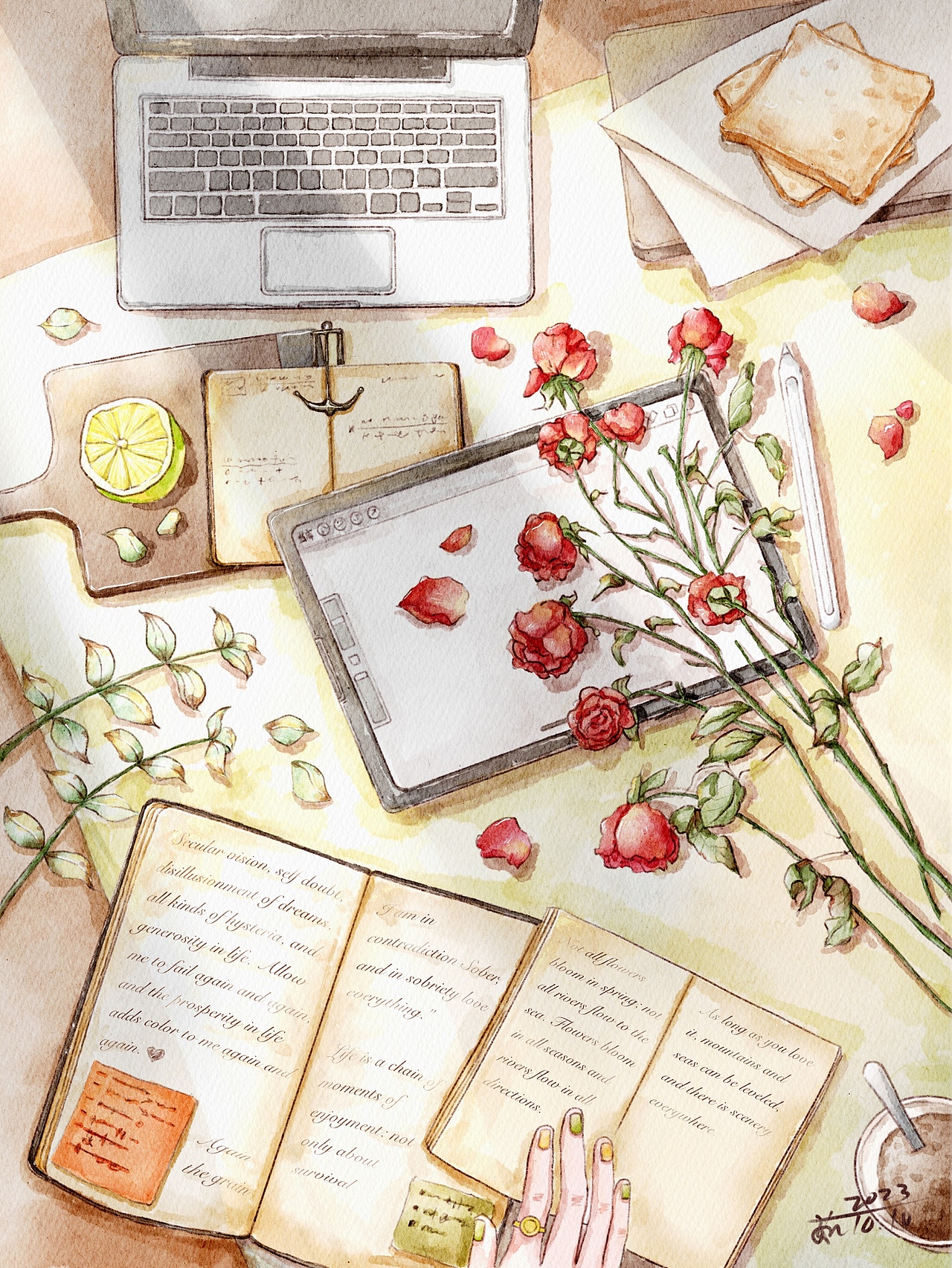 水彩插画｜设计师的桌面有点乱（图ZMzk2MjgyNzM2） - 艺术插画 - 站酷设计师玲儿的插画原创素材 - 站酷ZCOOL