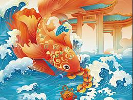 国潮风插画｜鲤鱼跃龙门