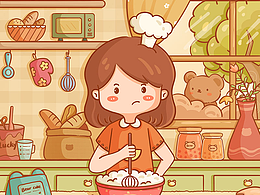 可爱场景面包女孩文创图案