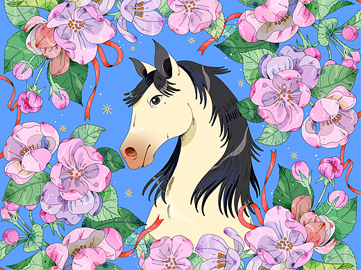 马年主题插画 马上花开