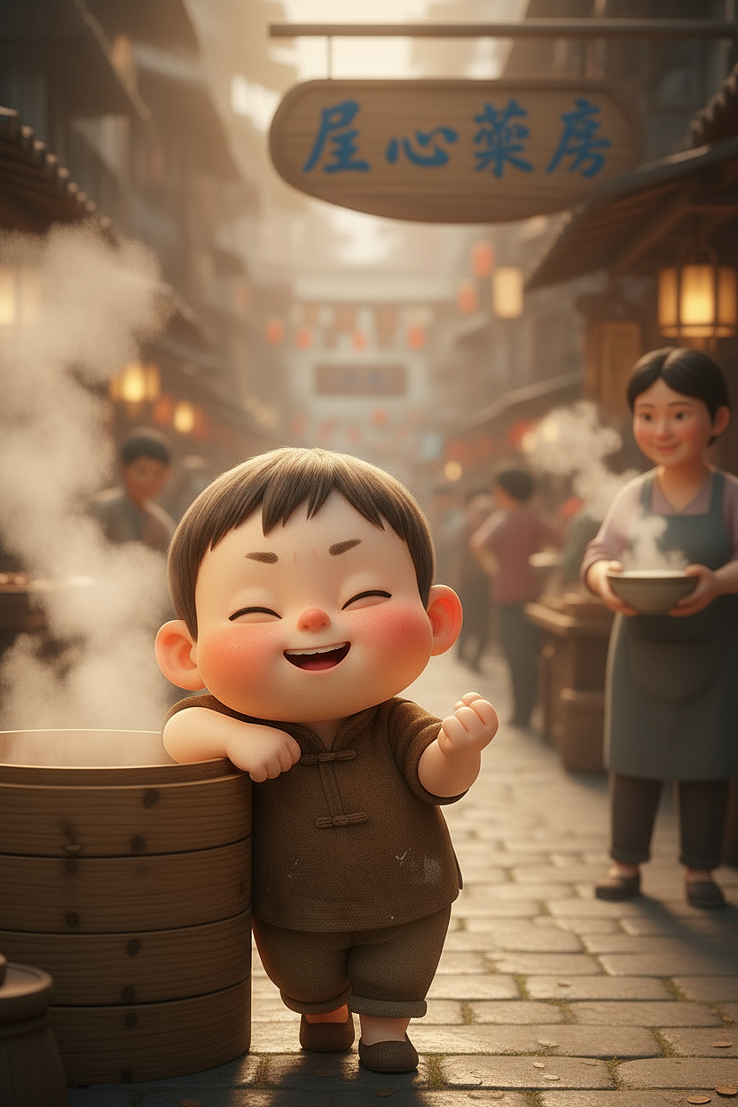 Prompt:After seeing off his guests, Ah Fu leans against the steamer, smiling cheerfully, his small hands tucked discreetly into his brown short-sleeved shirt. The camera zooms in, revealing his clenched fists, his knuckles whitening, his gaze fixed on the distance. In the blurred background, the wooden sign for "Ren Xin Pharmacy" sways in the bustling city. A soy milk vendor nearby gazes at him, a bowl of steaming hot milk in hand. The steam from the steamer envelops his tiny frame, as if gently wrapping his wishes. 3D anime elements, so adorable.