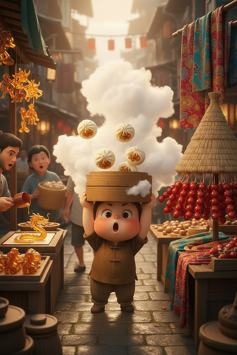 Prompt:At the stall, Ah Fu's chubby little hand grasped the wooden handle of the bamboo basket lid and lifted it up with force - snow-white steam exploded with a "bang", revealing only a pair of round eyes; the buns in the steamer were round, the folds pinched like small chrysanthemums, and the meat filling and oil stars shone through the thin skin with a light amber color, and the buns were floating in the steam; in the blurred background, the young man in shorts and the auntie carrying a bamboo basket stopped and looked over here.3D anime-style elements. Cute-looking.