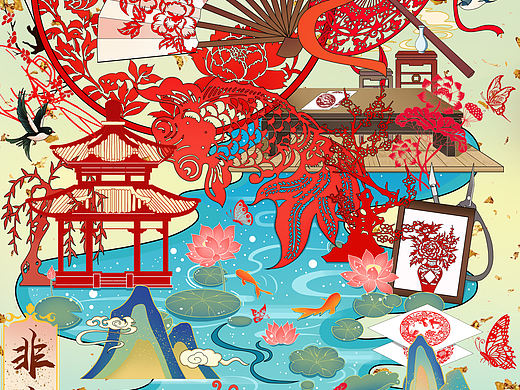 古风:(商业插画)扁平风，中国非遗文化传承剪纸设计