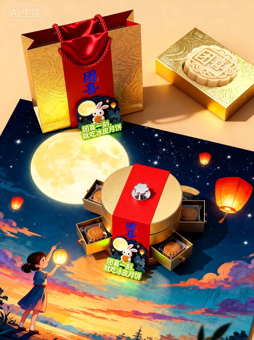 团喜月饼礼盒和包装袋组合海报