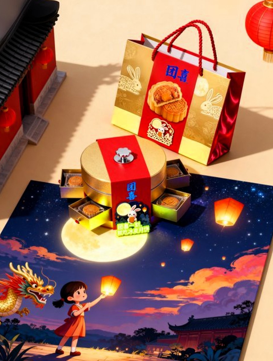 团喜月饼礼盒和包装袋组合海报