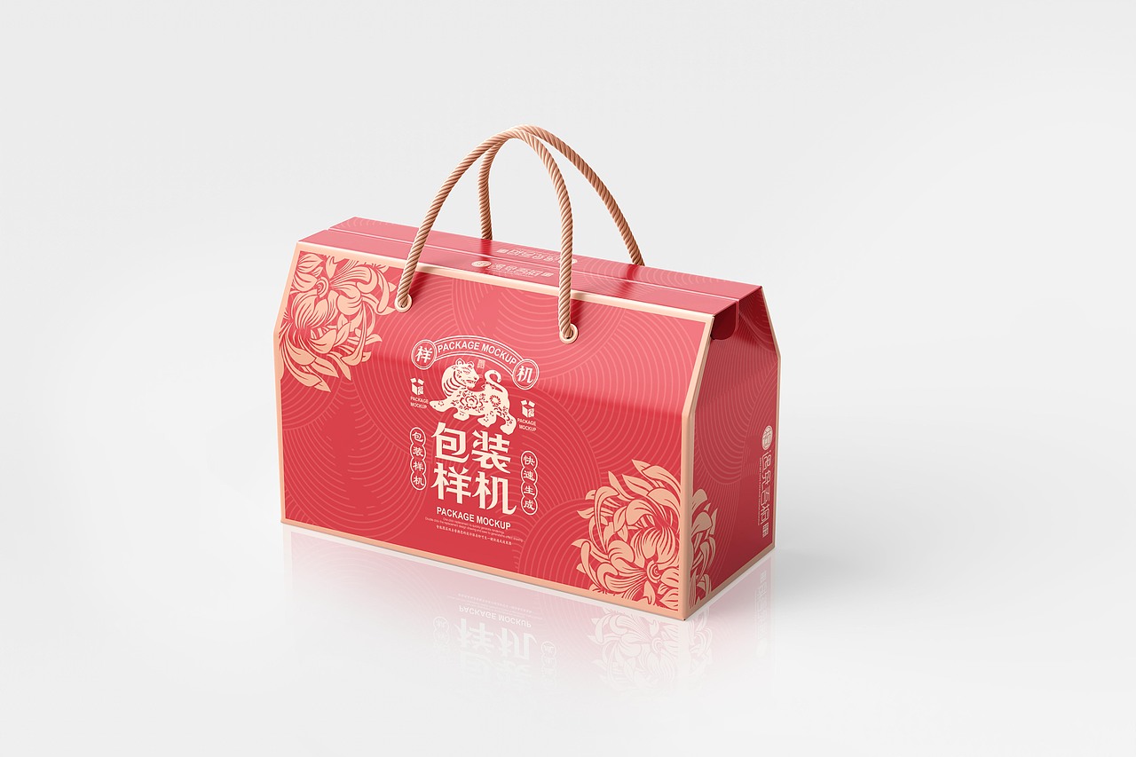 中国风国潮文创手提绳屋顶盒样机包装样机