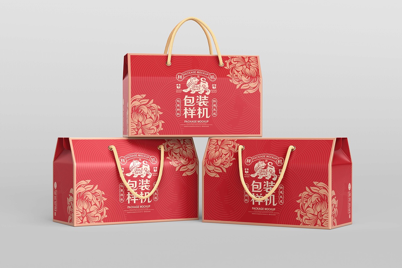 中国风国潮文创手提绳屋顶盒样机包装样机