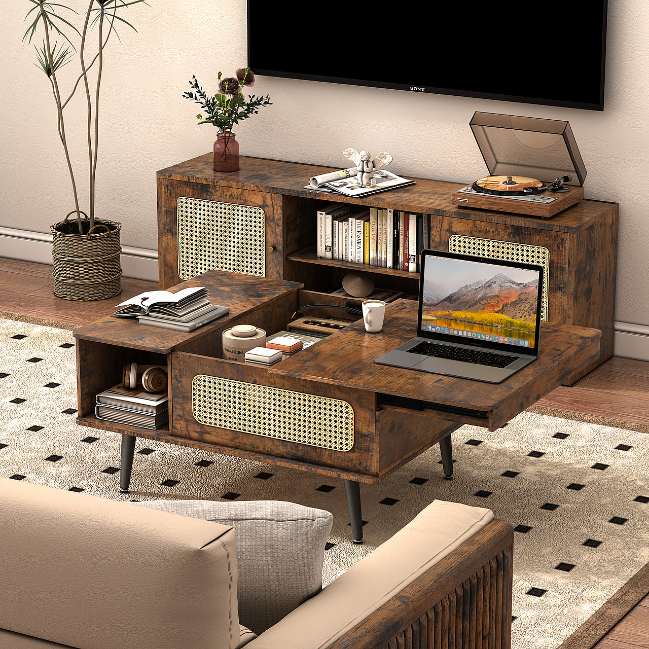 亚马逊渲染-原木藤编火烧木推拉式咖啡桌