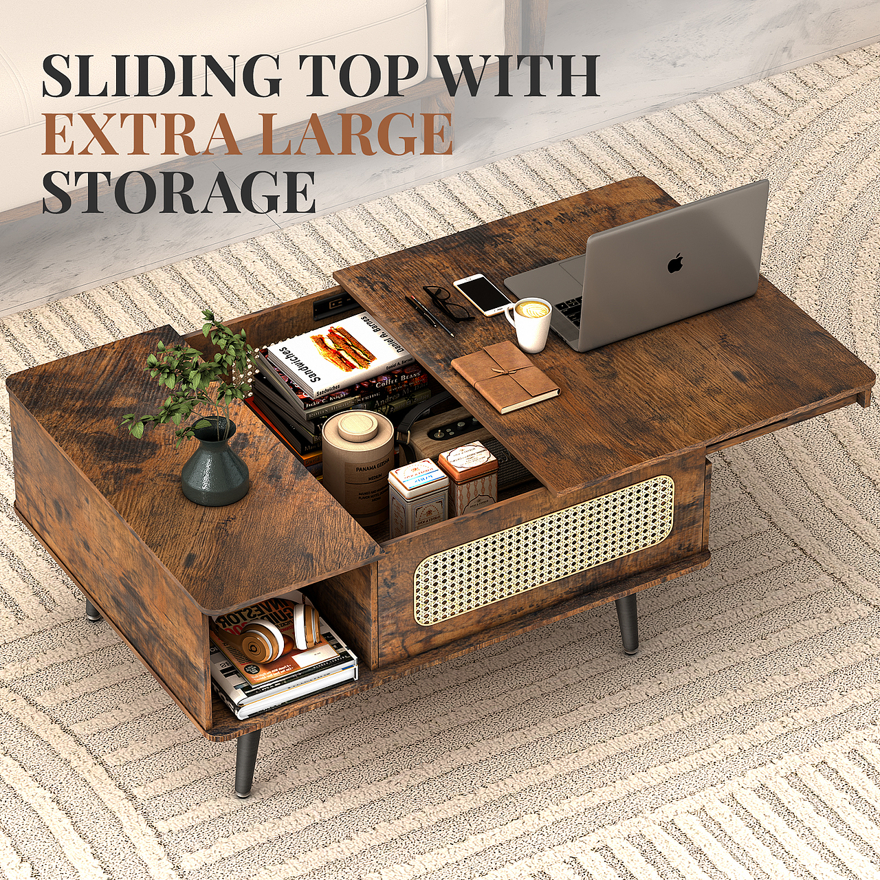 亚马逊渲染-原木藤编火烧木推拉式咖啡桌