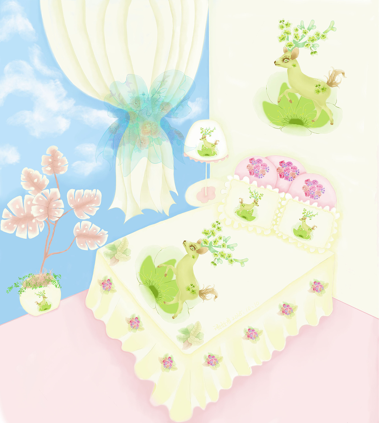 我的原创板绘儿童房间布置卡通动物童趣鹿花卉植物装饰