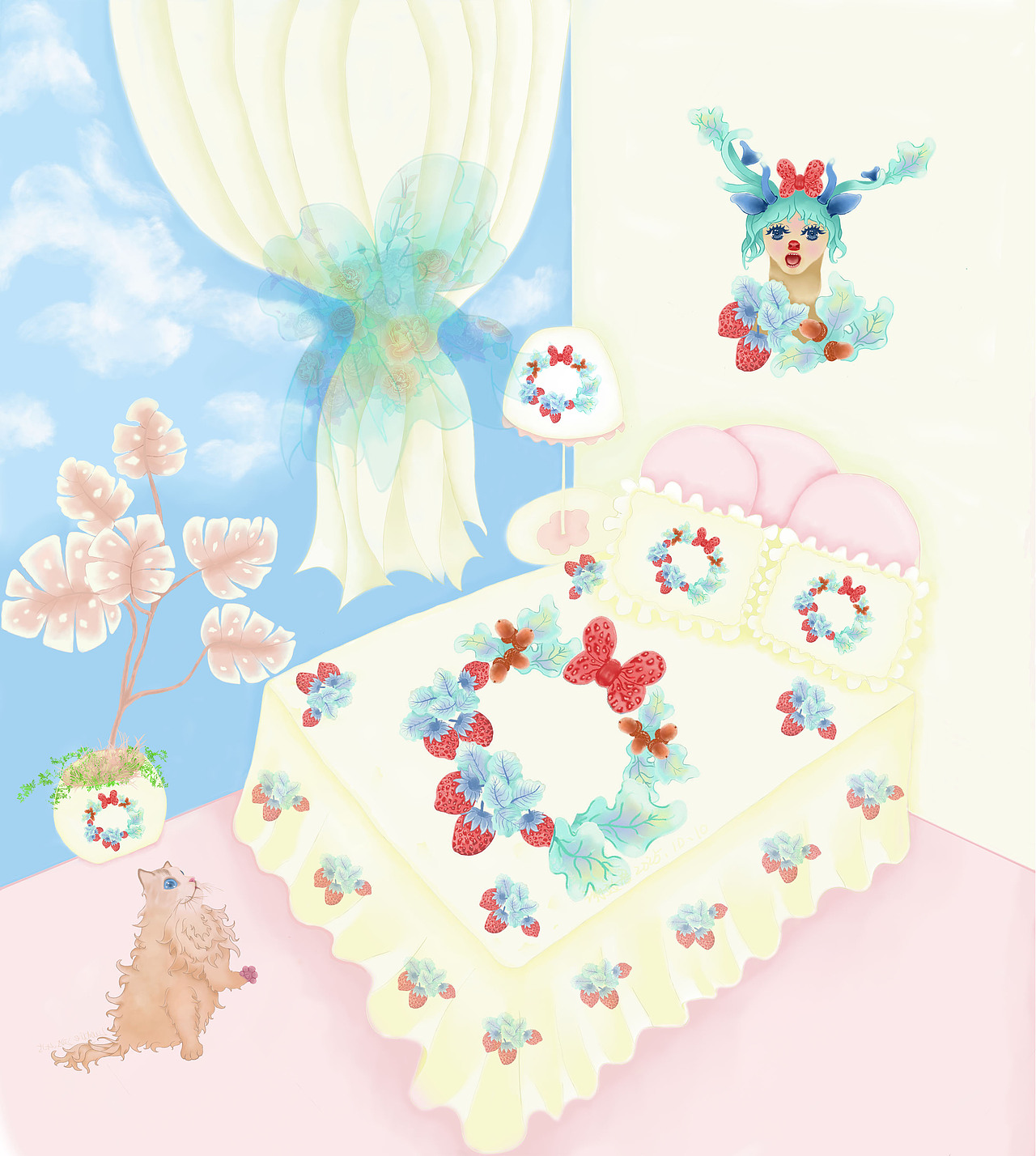 我的原创板绘草莓可爱鹿花环蝴蝶结房间布置设计插画