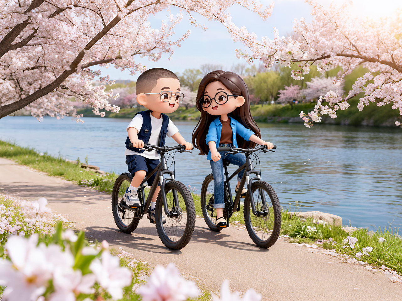 春天我两喜欢骑车打球