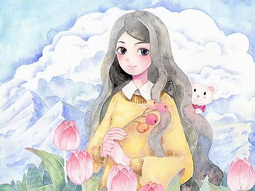 郁金香花丛中的女孩儿