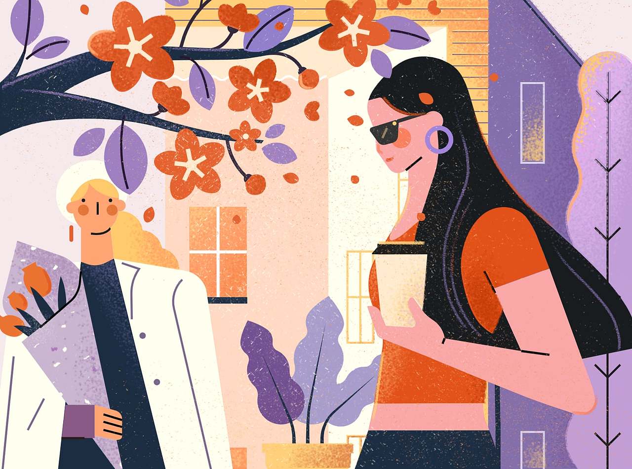 小园素扁平插画作品：花树下（图ZMzk3NTE0OTA0） - 商业插画 - 站酷设计师飞屋睿原创素材 - 站酷ZCOOL