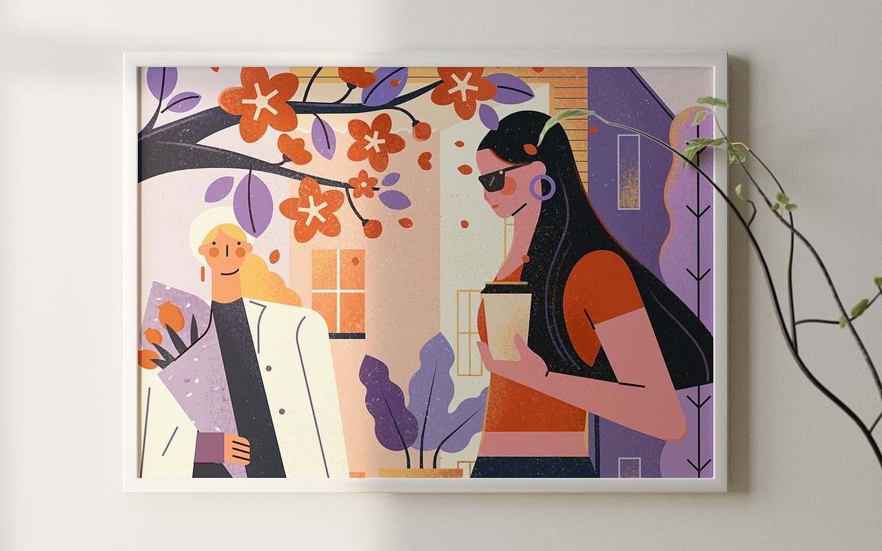 小园素扁平插画作品：花树下（图ZMzk3NTE0OTIw） - 商业插画 - 站酷设计师飞屋睿原创素材 - 站酷ZCOOL