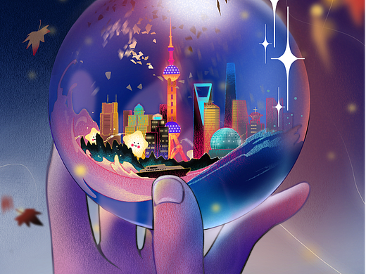 插画《霓虹梧桐》：夜上海的魅力和缤纷梧桐