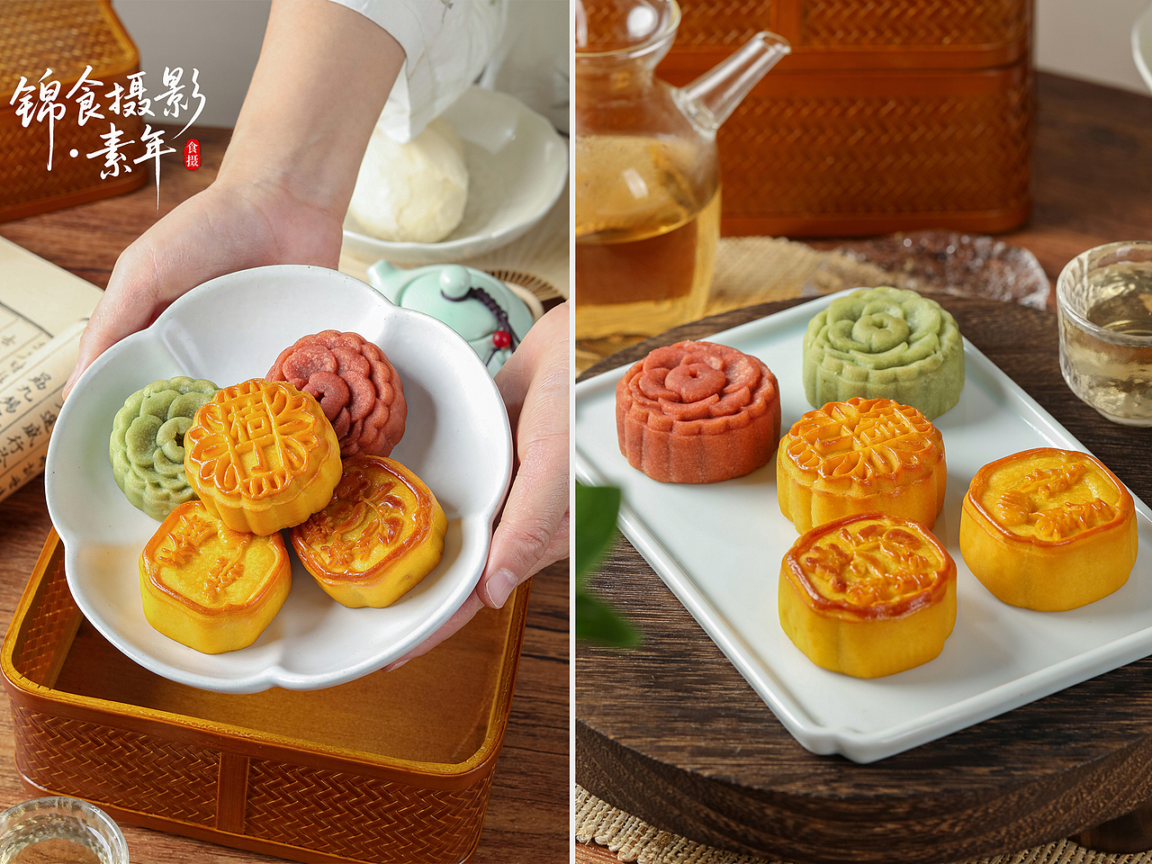 中式糕点拍摄,不想拍得太复古,又不太想离开中式元素,于是,场景搭配上,使用了木质道具奠定基调,浅色系道具来调和色彩,让整体往轻快明亮上去走。