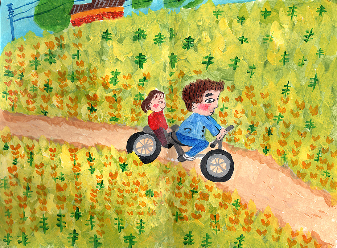 黄油油的油菜花,在自行车上远眺的我,看到最美的童年。