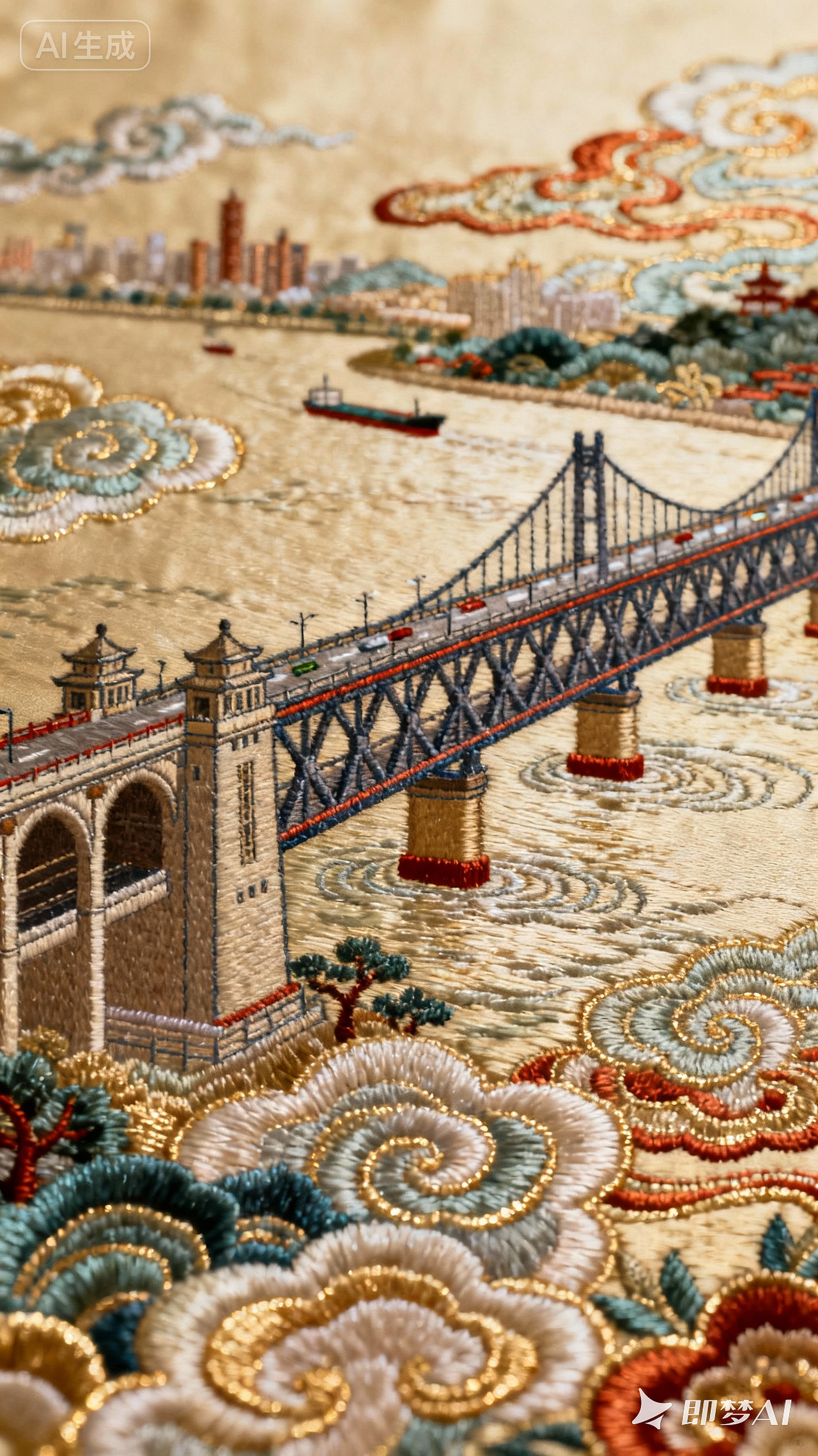 当千年云锦邂逅钢铁长龙,长江大桥的巍峨钢梁与奔腾江波被经纬线重新构筑。这幅作品不仅是桥梁工程的颂歌,更是一曲跨越时空的交响,将武汉的工业脊梁熔铸成永恒的金色诗篇。