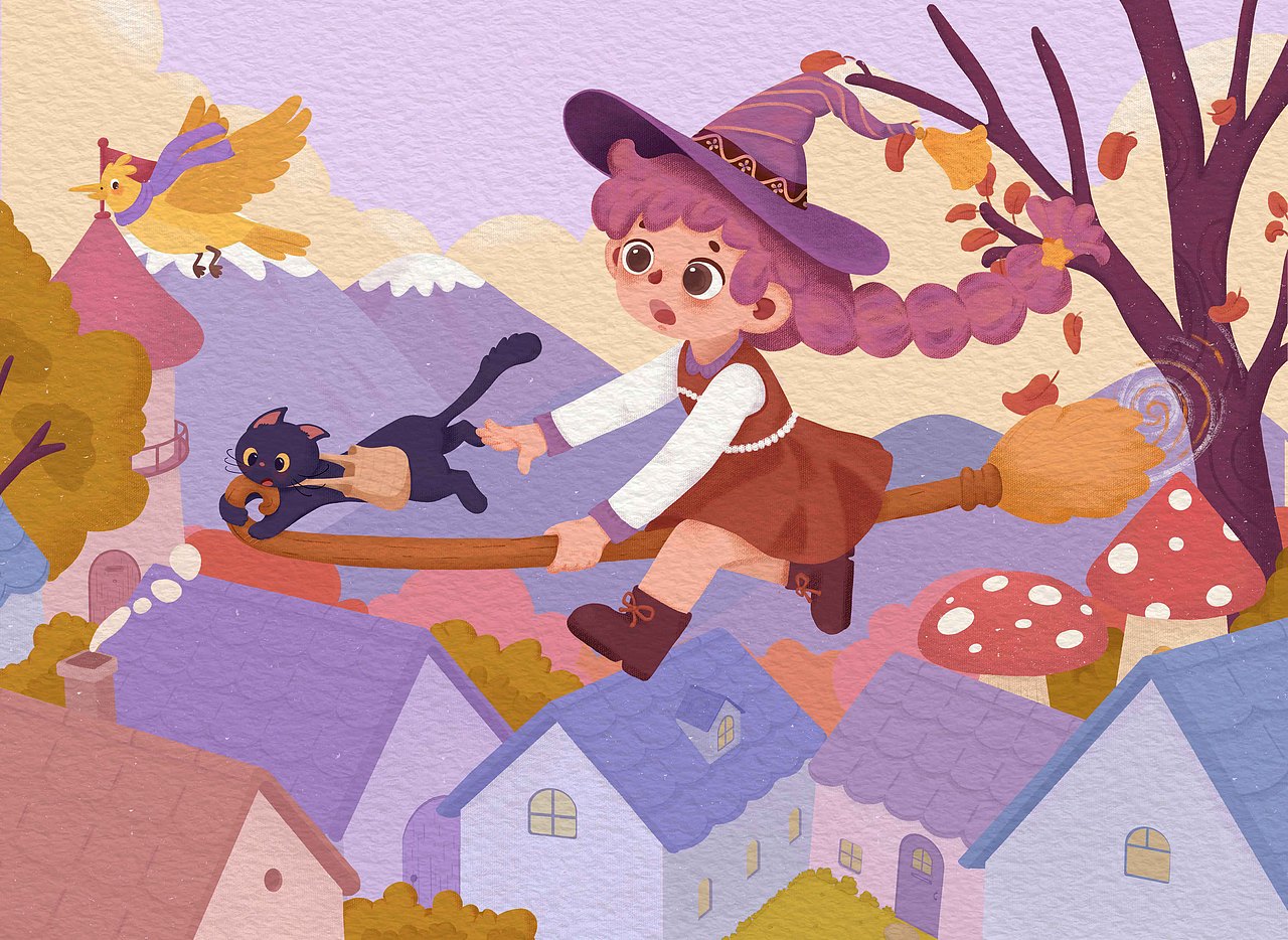 秋日魔女小场景插画