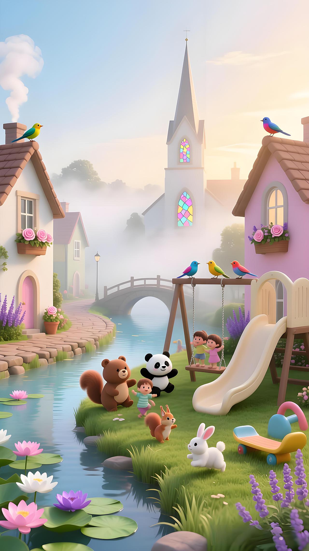 儿童房的视觉中心和活动背景板:恬静小镇