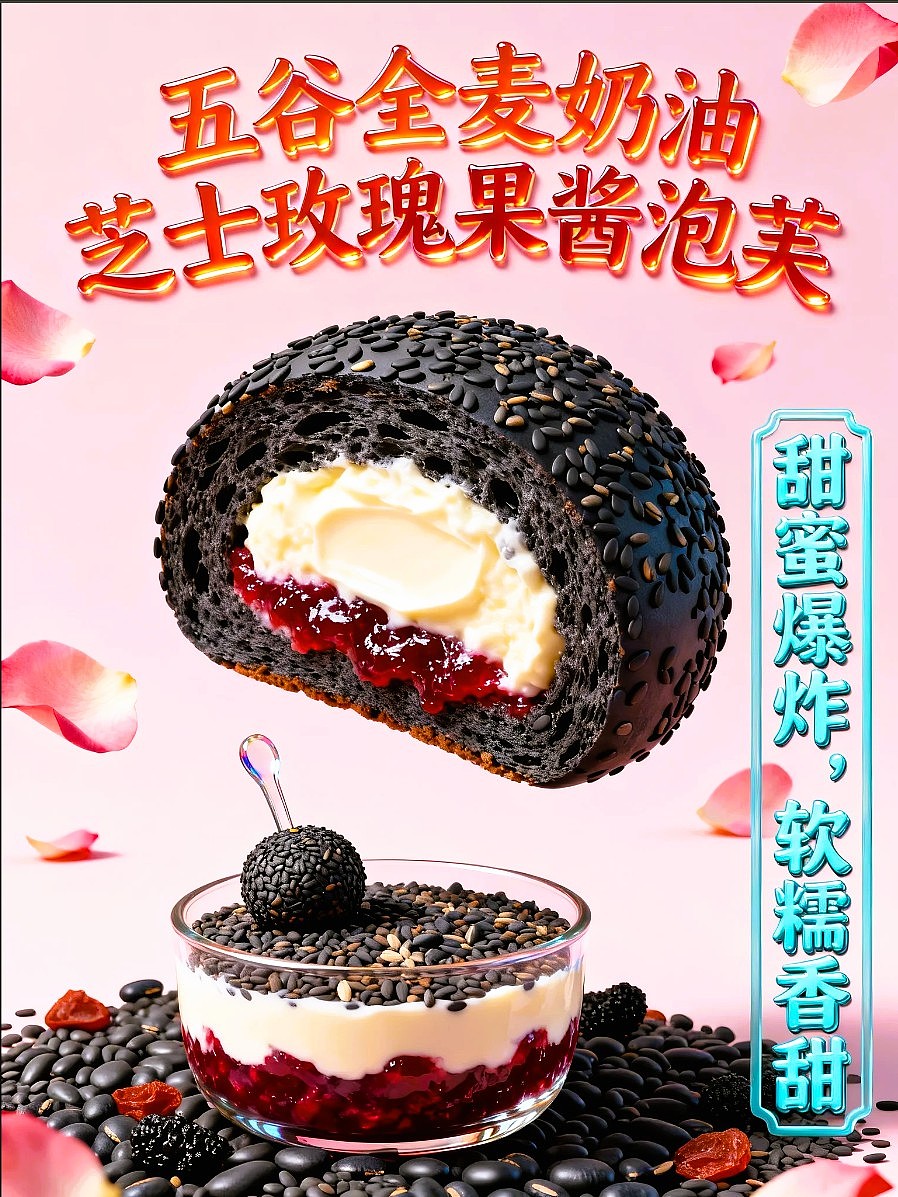 五谷全麦奶油芝士玫瑰果酱泡芙