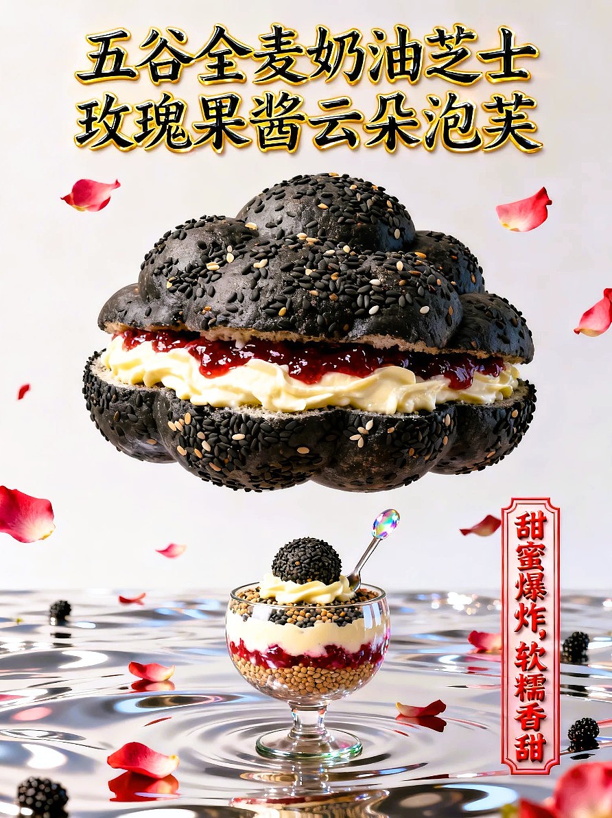 五谷全麦奶油芝士玫瑰果酱云朵泡芙