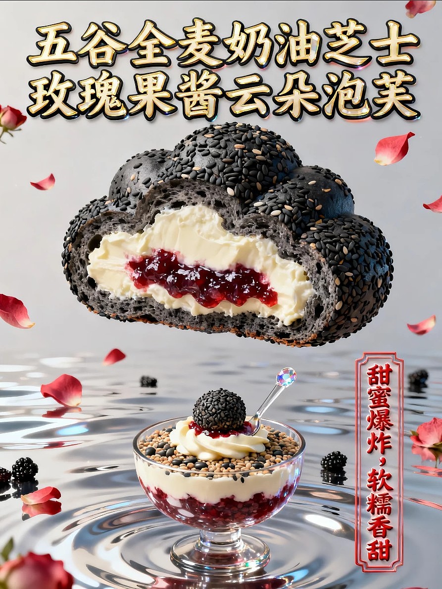 五谷全麦奶油芝士玫瑰果酱云朵泡芙