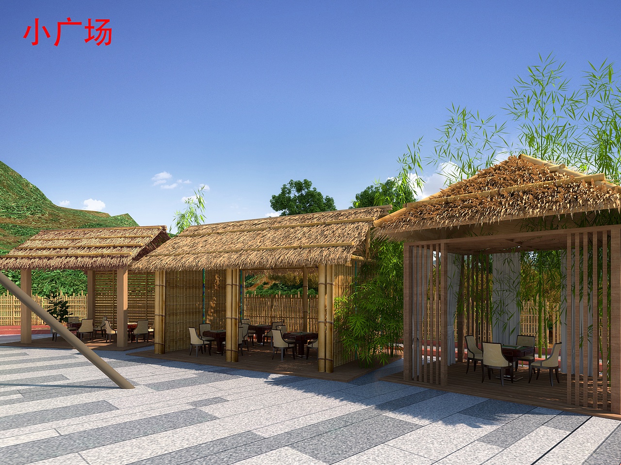 美食广场户外景观 透视鸟瞰