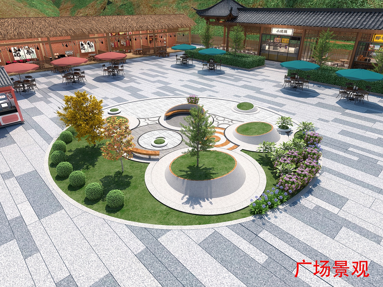 美食广场户外景观 透视鸟瞰