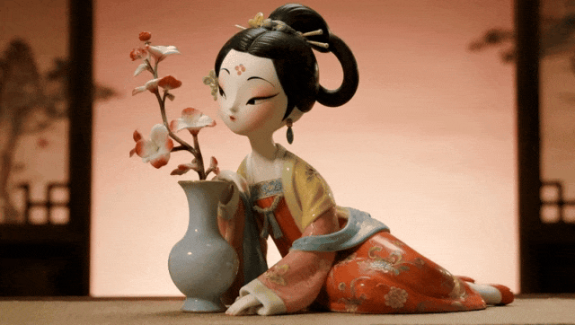 提示词:镜头往前推,画面中瓷器娃娃轻闻左边的花,然后转身对着屏幕打招呼,大幅度运动