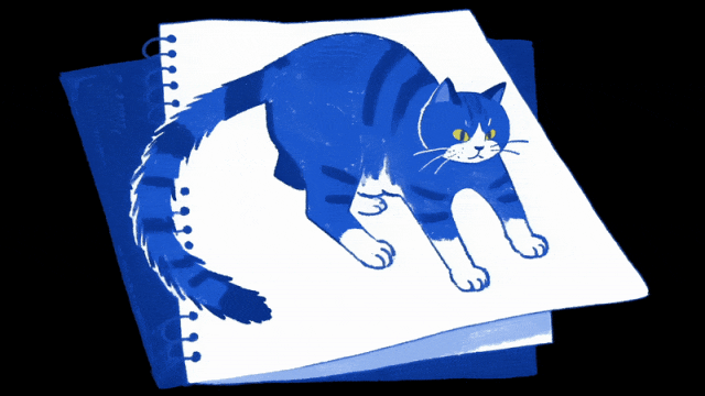 提示词:一只深蓝色插画猫从素描纸中慢慢探出身体,双爪踩实纸张边缘,尾巴高高扬起 -- 白纸突然微微卷曲,镜头从纸面俯视角开始,顺势跟拍向下,猫身投下柔和的蓝影, 插画风格为版画质感混合数字笔刷,镜头运用反向bullet time捕捉“纸→实”转换瞬间,营造超现实穿越质感