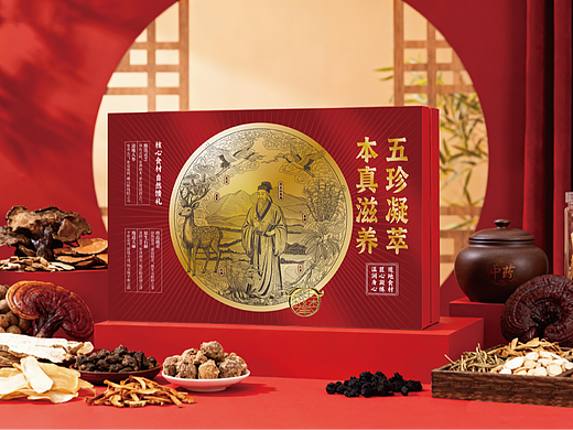 人参灵芝石斛鹿茸天麻滋补品包装插画设计/版画风格