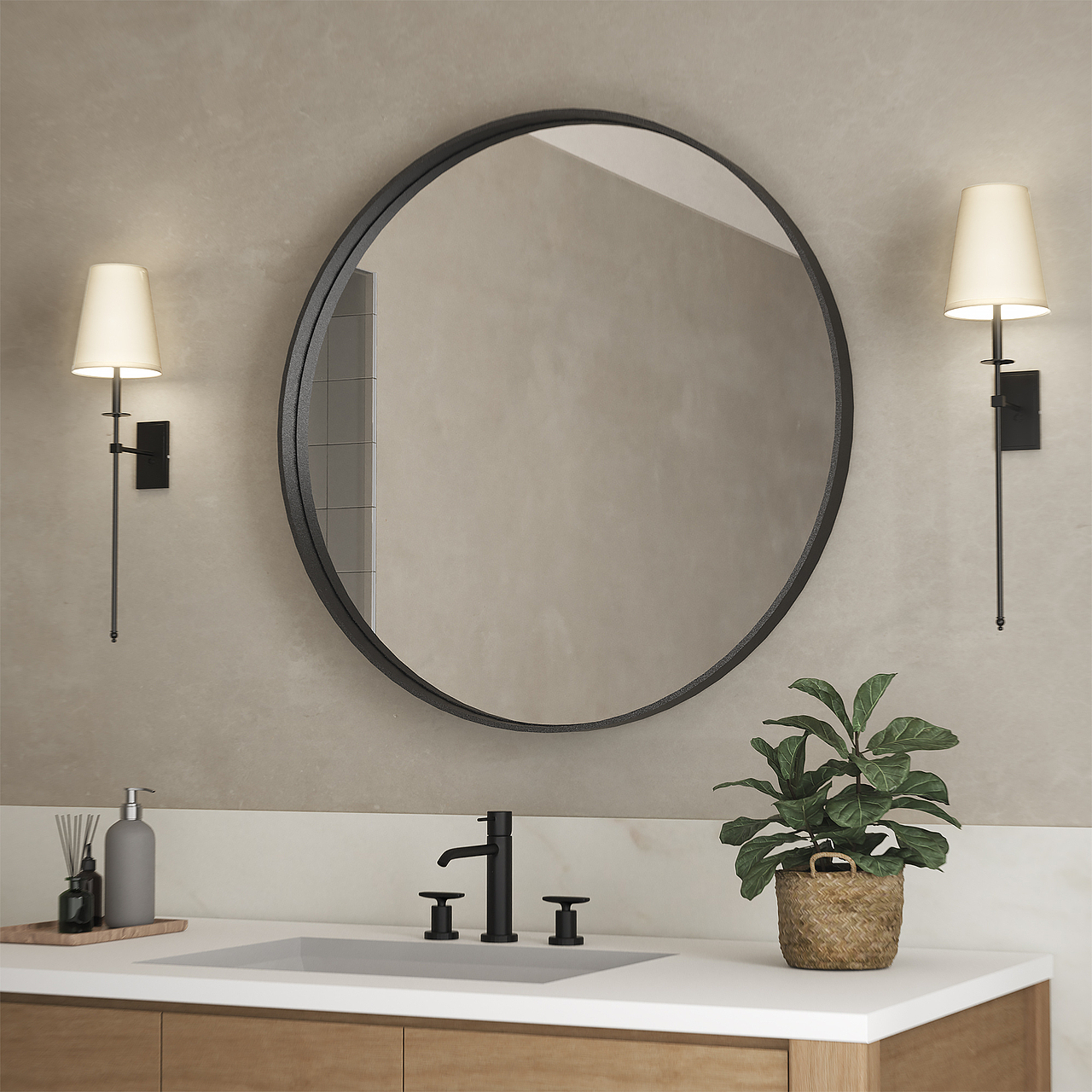 圆形复古金属镜_浴室场景产品渲染组图