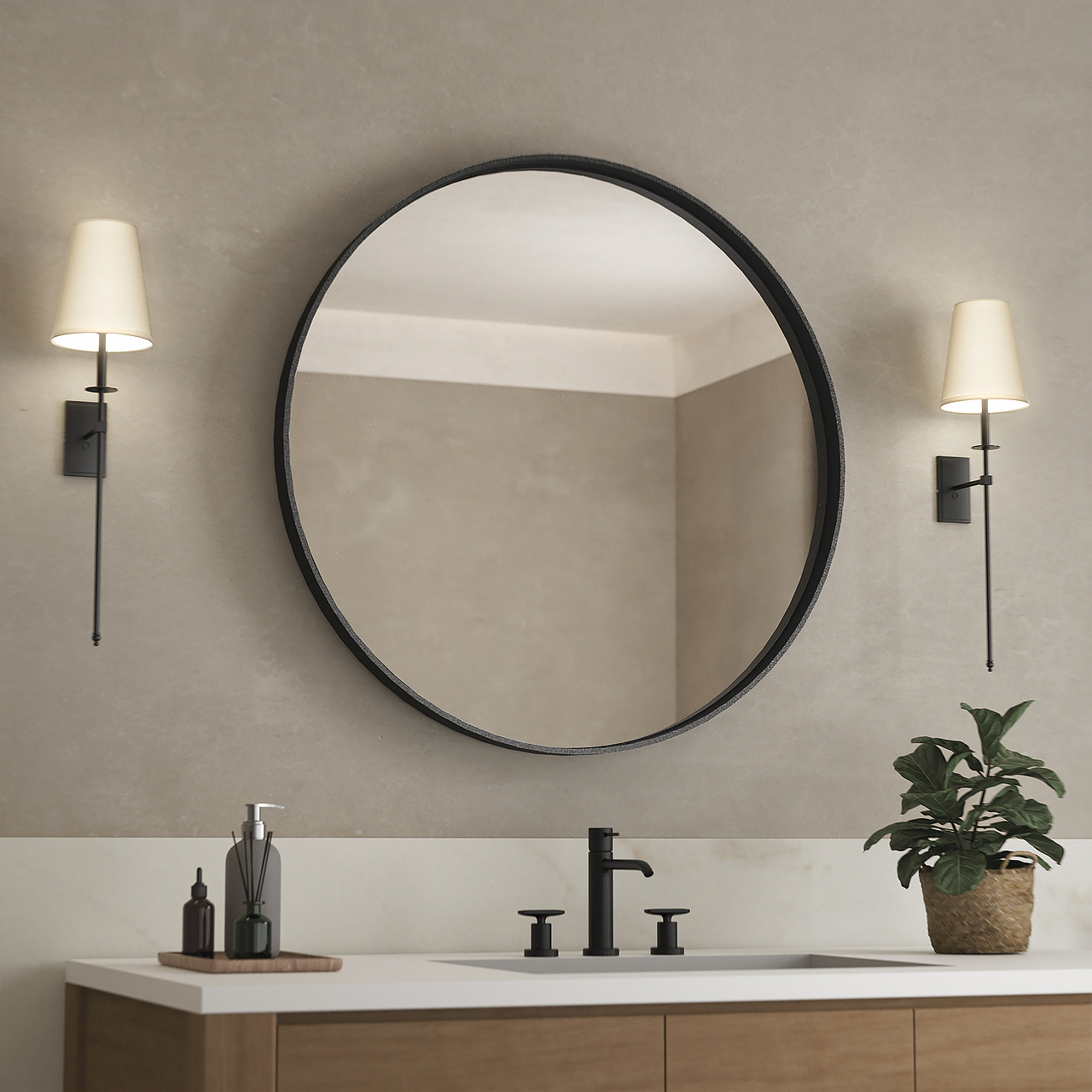 圆形复古金属镜_浴室场景产品渲染组图