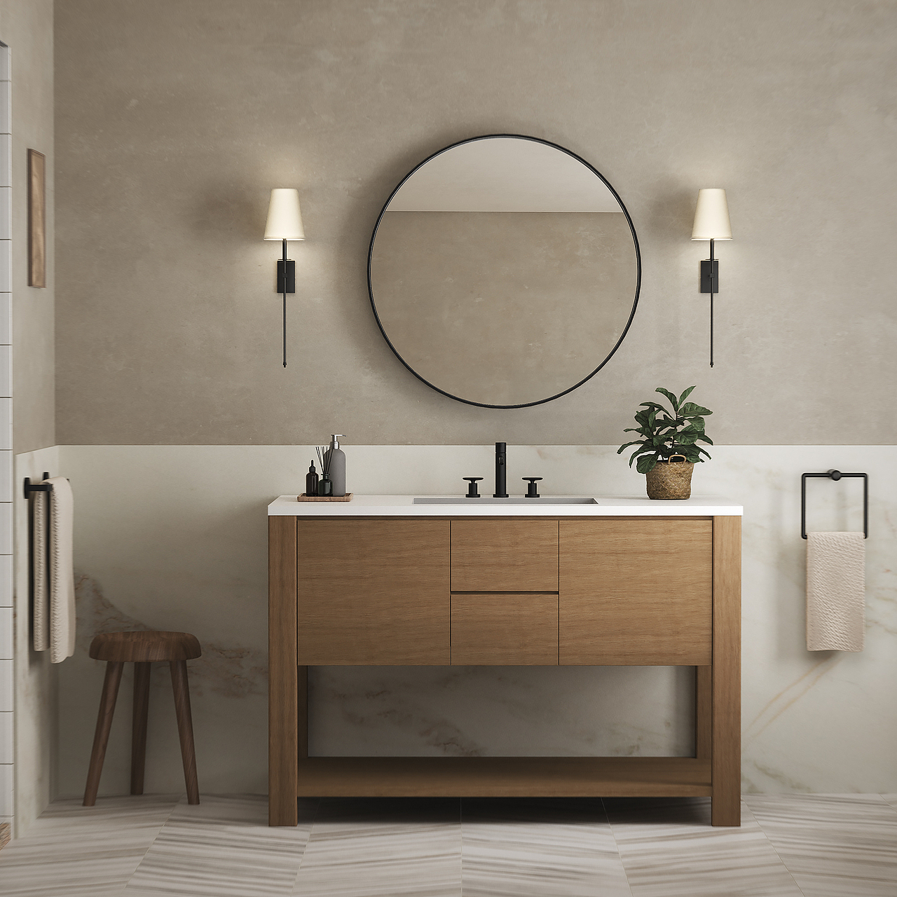 圆形复古金属镜_浴室场景产品渲染组图