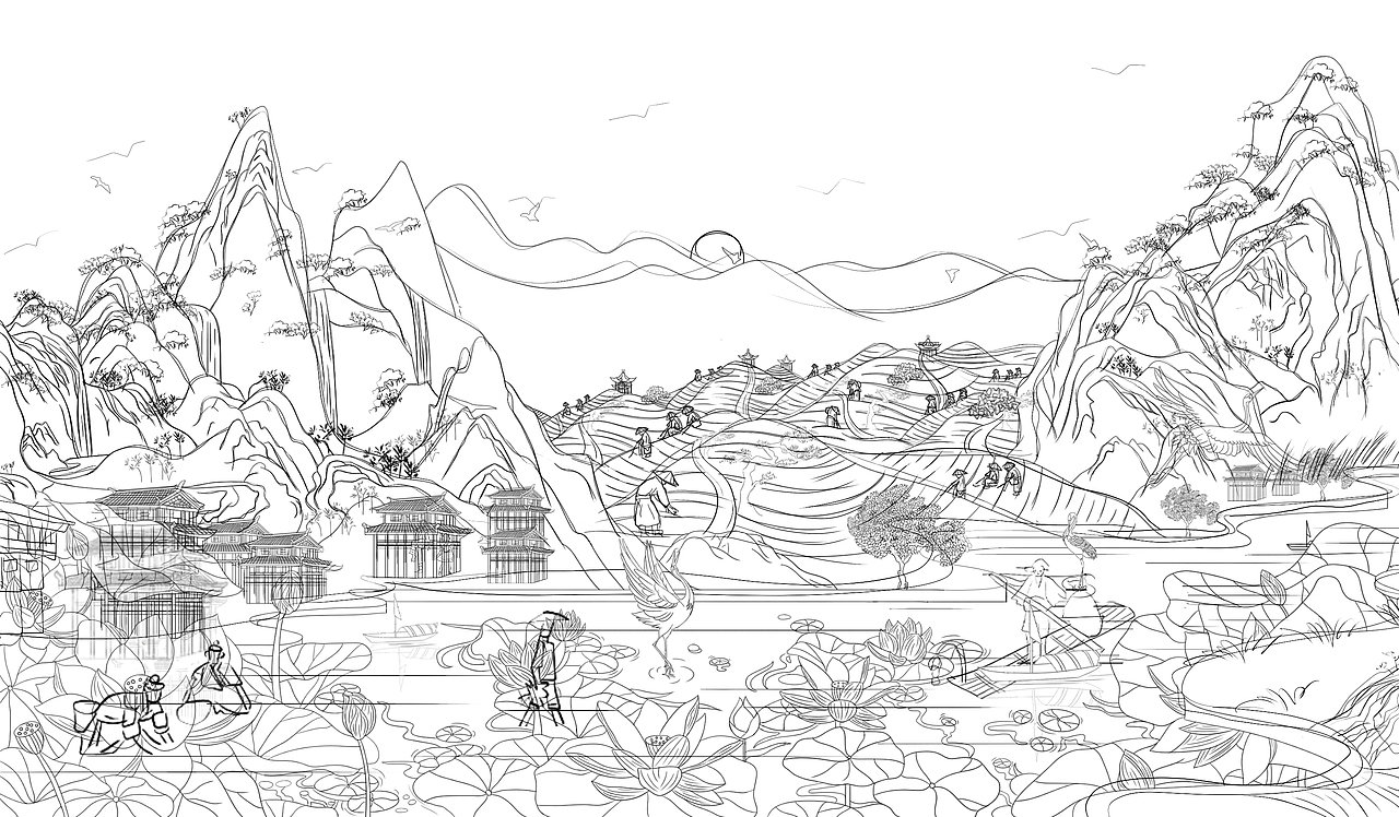 千里江山采茶图（图ZMzk4MzQ5MzY0） - 商业插画 - 站酷设计师梦屿啊原创素材 - 站酷ZCOOL