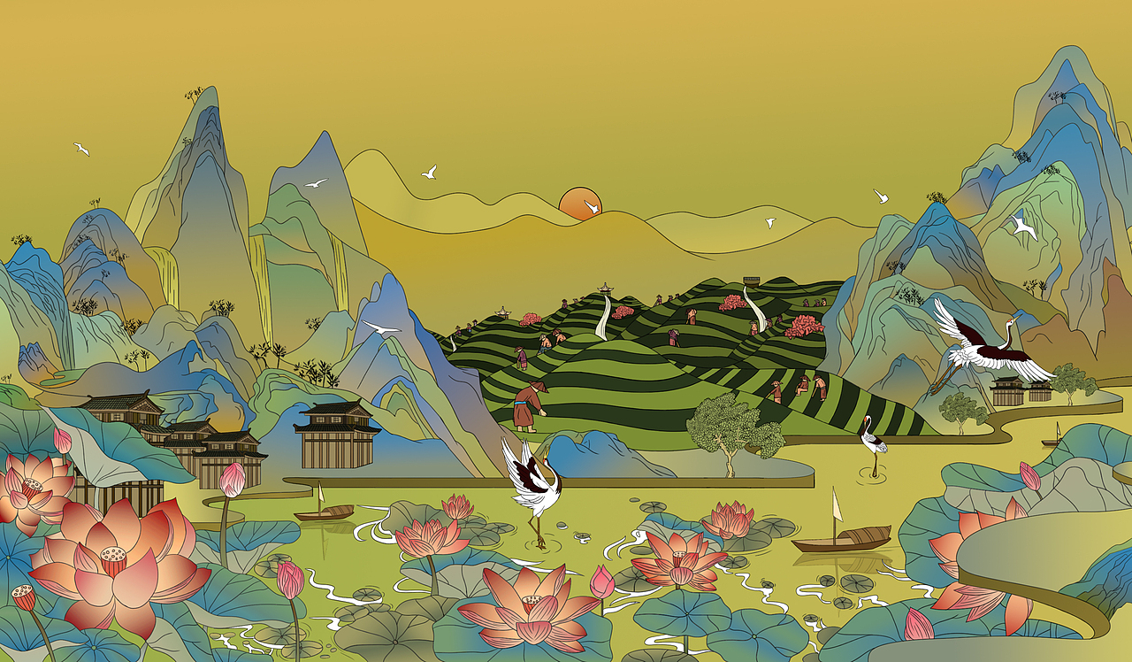 千里江山采茶图（图ZMzk4MzQ5MzU2） - 商业插画 - 站酷设计师梦屿啊原创素材 - 站酷ZCOOL