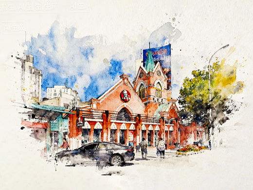 大连友好广场肯德基餐厅水彩插画